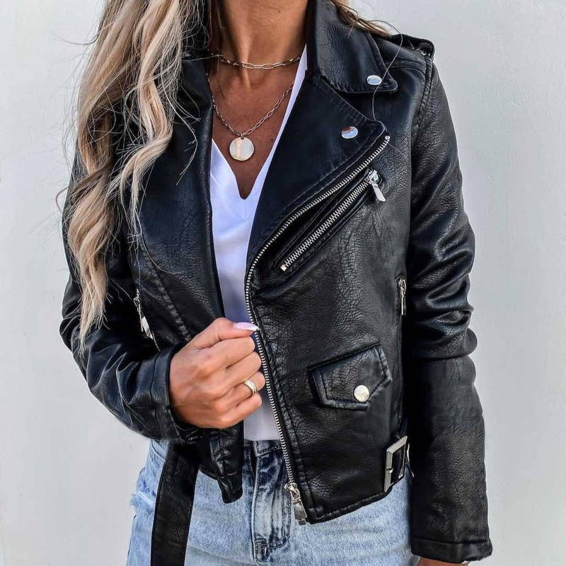 Women's jacket top PU leather jacket motorcycle short zipper_autovado.com