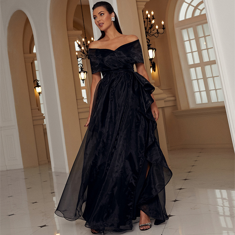 Women's Clothing Adult Black One-word Collar Low-cut Mesh Stitching Pprincess Temperament High-end Evening Dress_autovado.com