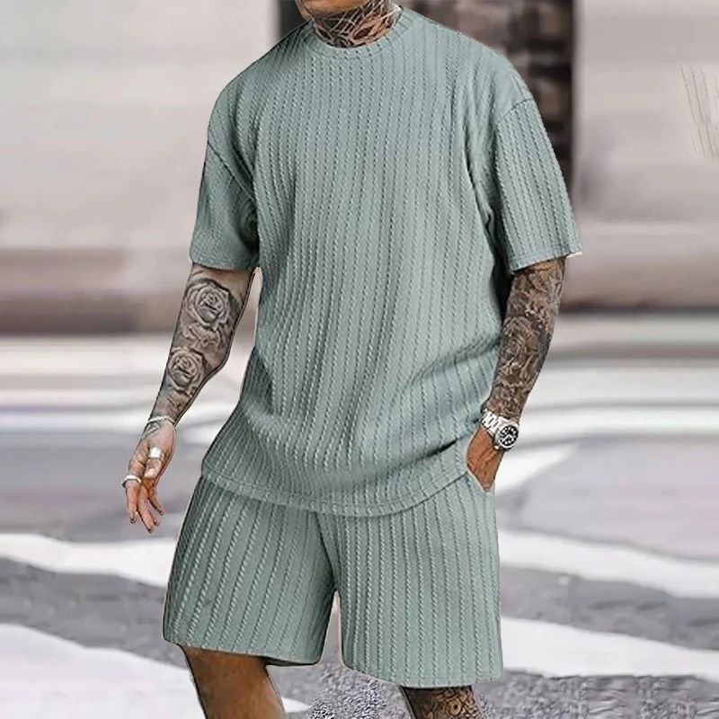 Men's Textured Linen Blend Set - Summer Loose Fit Short Sleeve Suit | Vacation Ready Coordinated Outfit_autovado.com