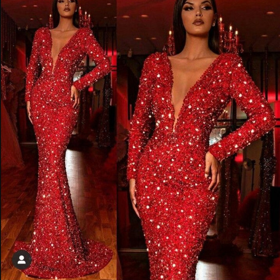 Women's Hip Dress Fishtail Edge Red Sequin Long Sleeve V-Neck Dress_autovado.com