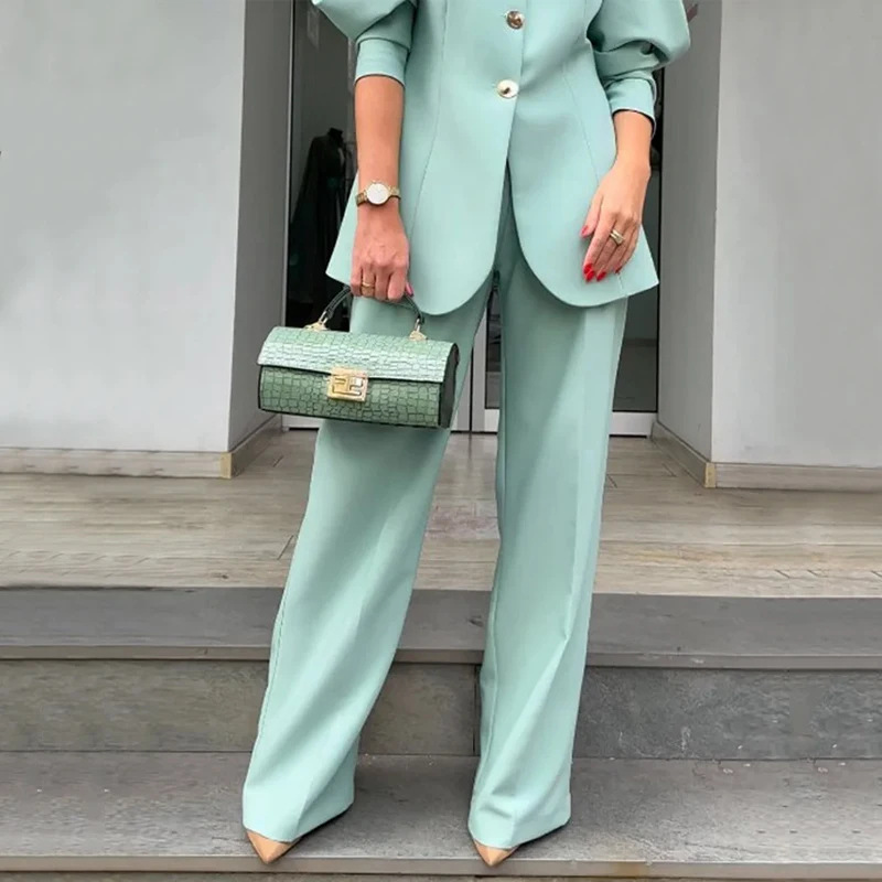 Women's fashion solid color lantern sleeve loose suit temperament commuting suit_autovado.com