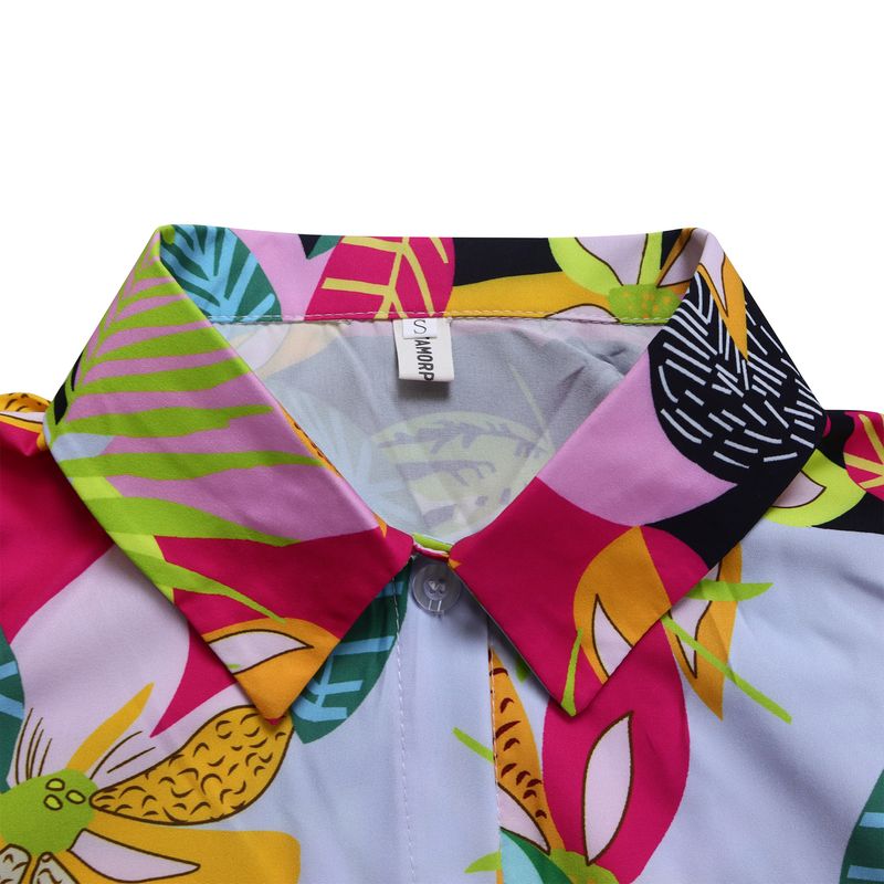 Women's Fashion Print Two-piece Suit Lapel Tie Shirt Wide Leg Pants Suit_autovado.com