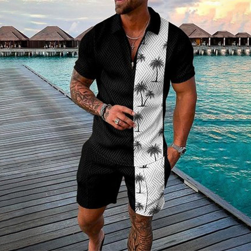 Men's Clothing fashion casual suit 3D printed zipper short sleeve polo shirt shorts 2-piece set_autovado.com