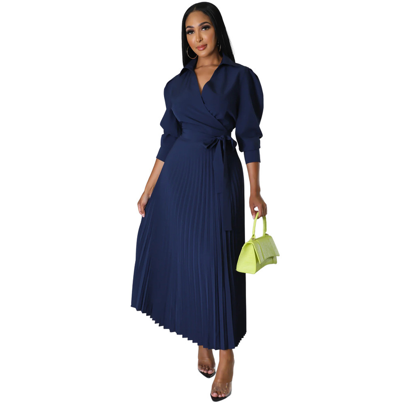Long sleeved Polo collar high waist fashion casual pleated women's dress_autovado.com