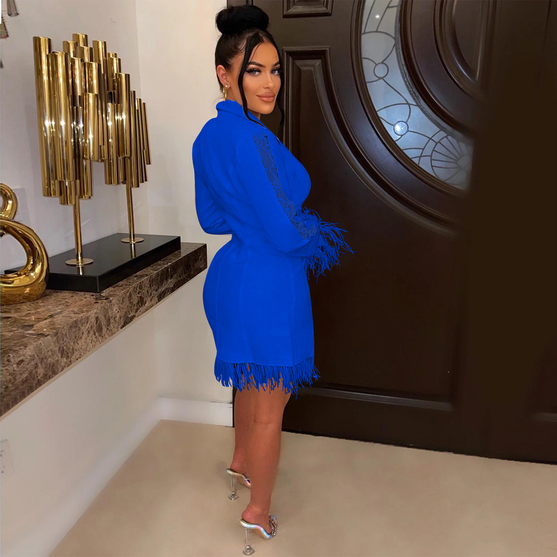 Women's fashion women's V-neck long-sleeved double-breasted tassel openwork dress_autovado.com