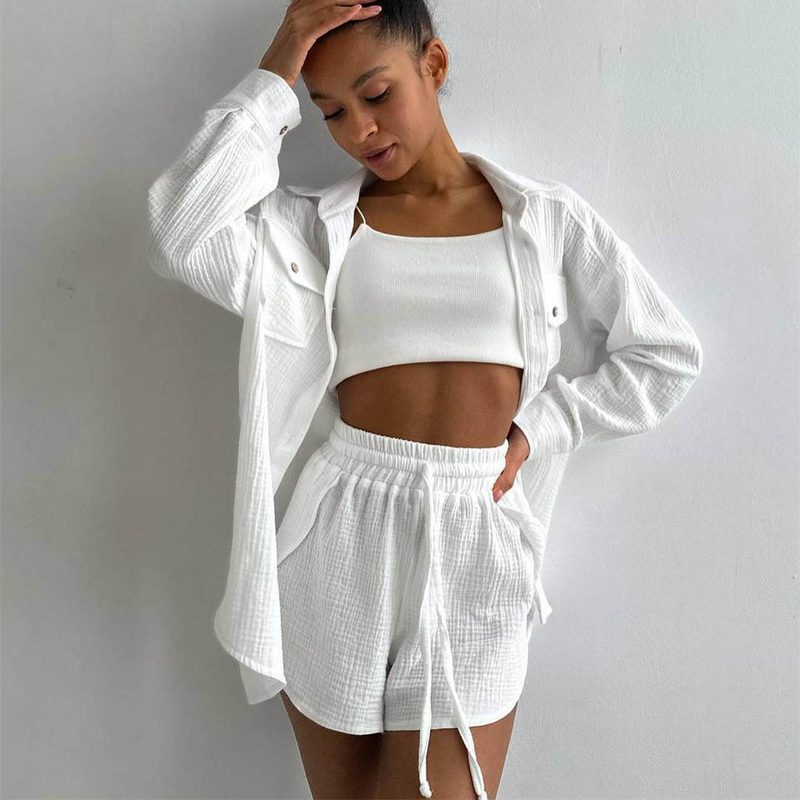 Women's Clothing new arrival lapel loose shirt high waist shorts two piece fashion casual suit_autovado.com