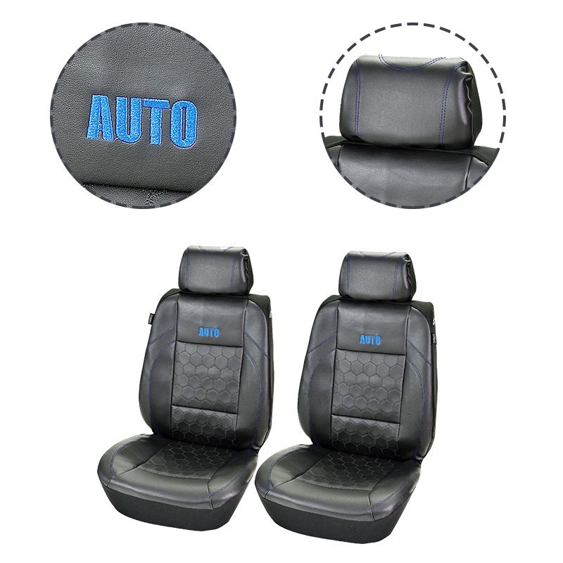 Two front car seat covers black football embroidery PVC splicing black PVC three-dimensional pressure line_autovado.com