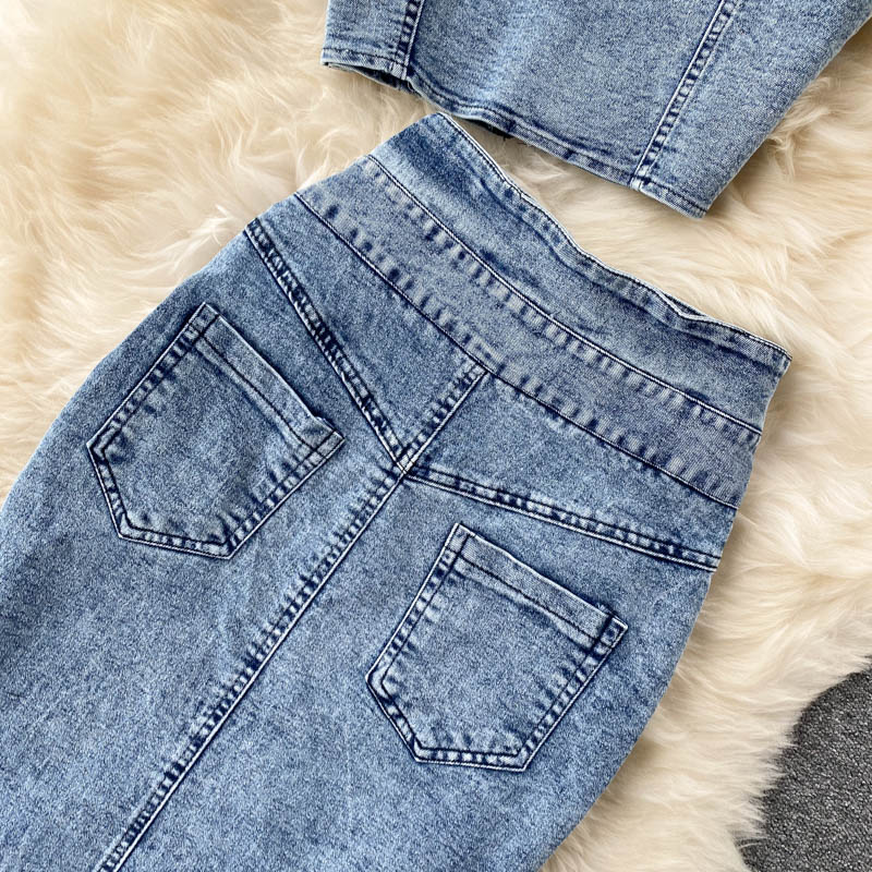Women Sexy short camisole vest high waisted denim skirt_autovado.com