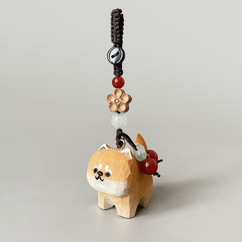 Hand Carved Wood Carved Orange Cat Shiba Inu Mi Ping An Six Character Mantra Woven Keychain Chain Ring Car Schoolbag Pendant Ornament_autovado.com