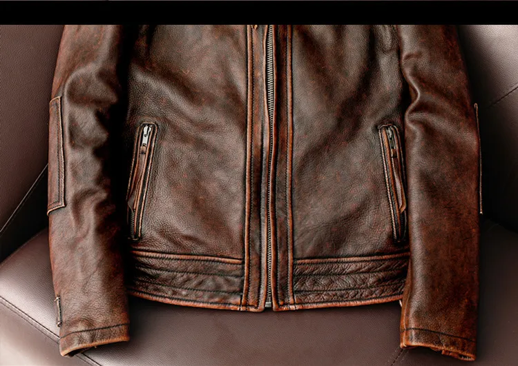Men Genuine Leather Jacket Vintage Brown 100% Cowhide Coat Man Slim Fashion Biker Clothing Asian Size S6XL M697 Drop_autovado.com