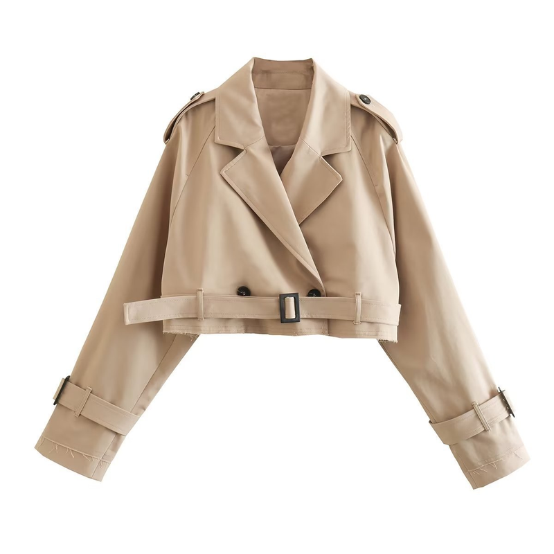 New women's European and American style belted long sleeved short casual windbreaker jacket_autovado.com