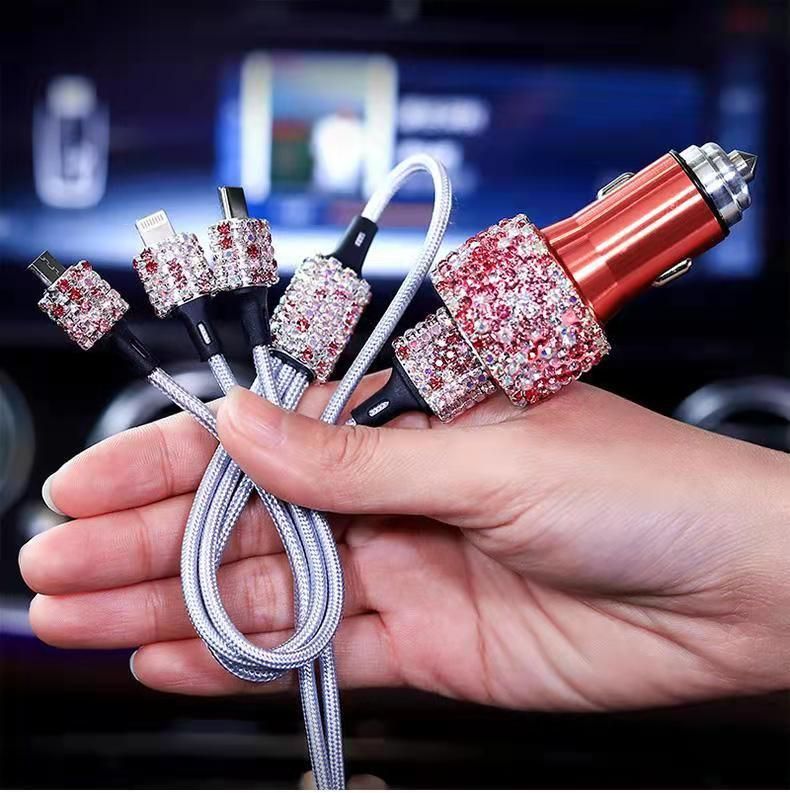 Car With Diamond Embedded One To Three Fast Charging Data Cable, Car USB Cigarette Lighter, Mobile Phone Charger_autovado.com