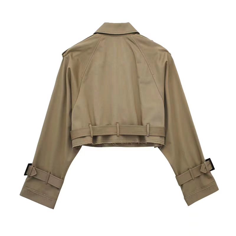 New women's European and American style belted long sleeved short casual windbreaker jacket_autovado.com