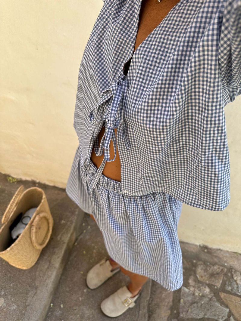 Women's Plaid Striped Elastic Cuffs Casual Fashion Tie Elastic Waist Shorts Set_autovado.com