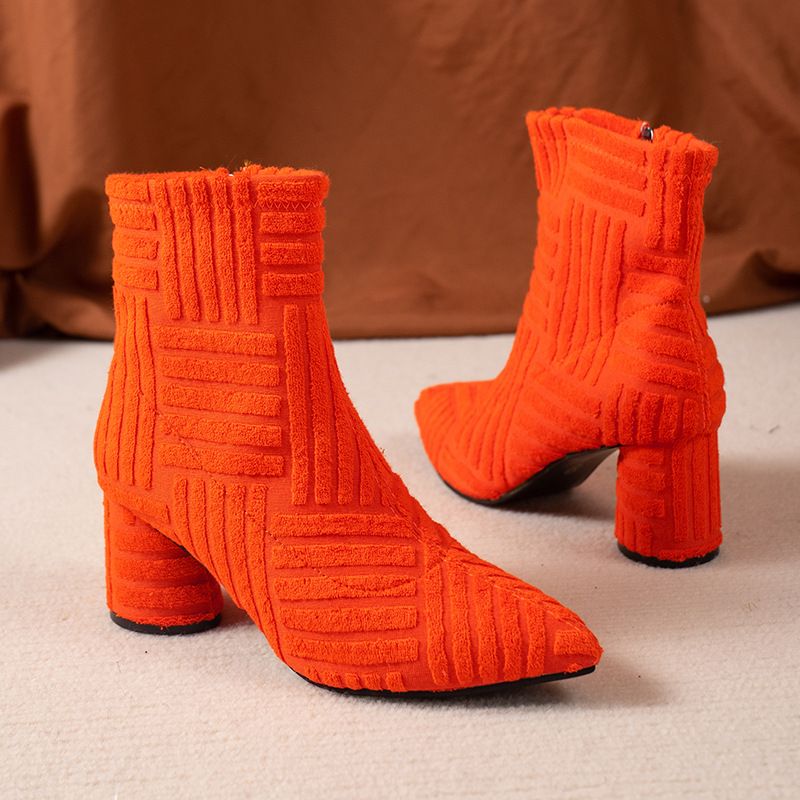 New autumn and winter boots foreign trade large size women's pointed high heel fashion towel boots side zipper thick heel boots_autovado.com
