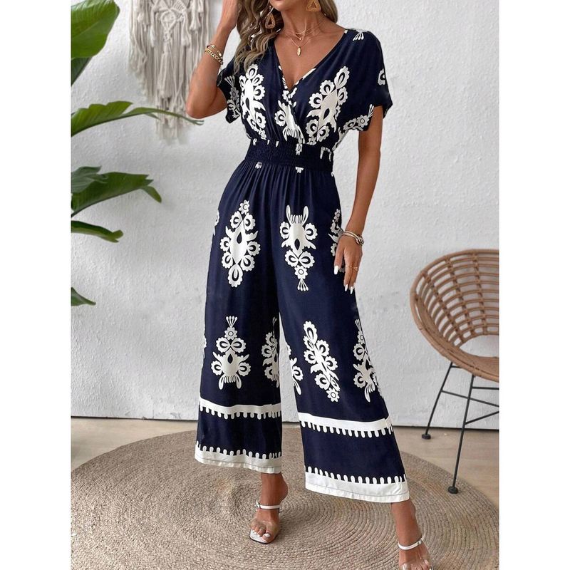 Women's V-neck bat sleeve waist jumpsuit_autovado.com