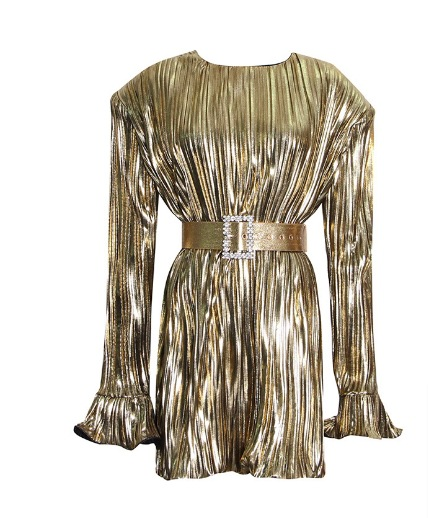 Women's round neck pleated stitching glossy waist style short dress_autovado.com