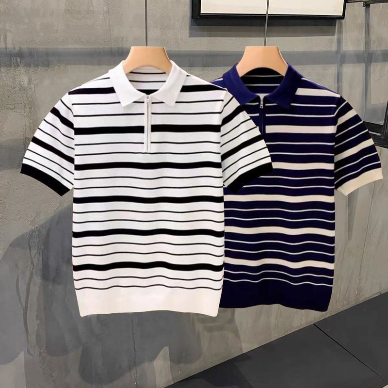 Men's Clothing Summer light mature simple fashion high end striped polo shirt men's young youth slim half zip collar T shirt men_autovado.com