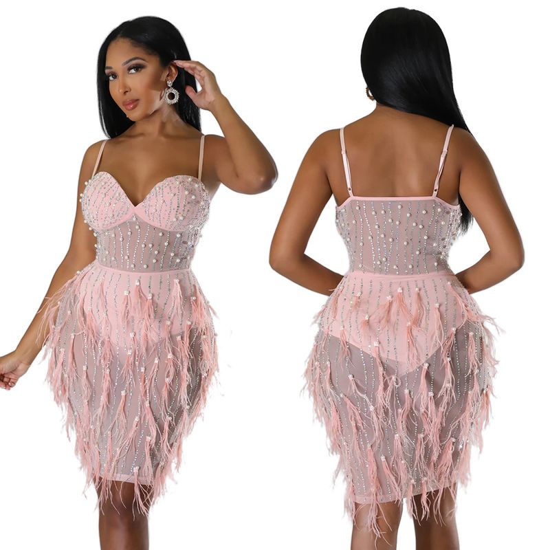 Women's Clothing sleeveless suspender hot diamond feather dress for women_autovado.com