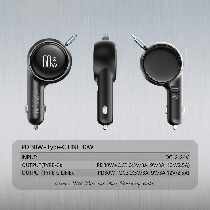 In Car 60W Type C Fast Charger With Retractable Cable_autovado.com