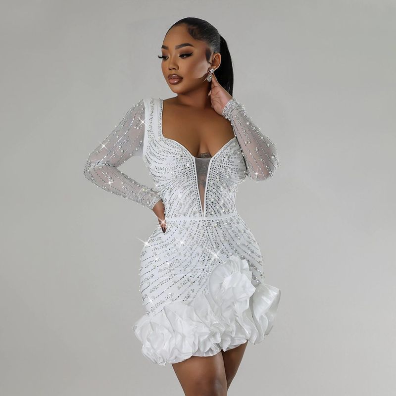 Women's Clothing Hot Diamond And Bubble Bead Dress Short Skirt For Women, Fashionable Long Sleeves And Square Collar_autovado.com