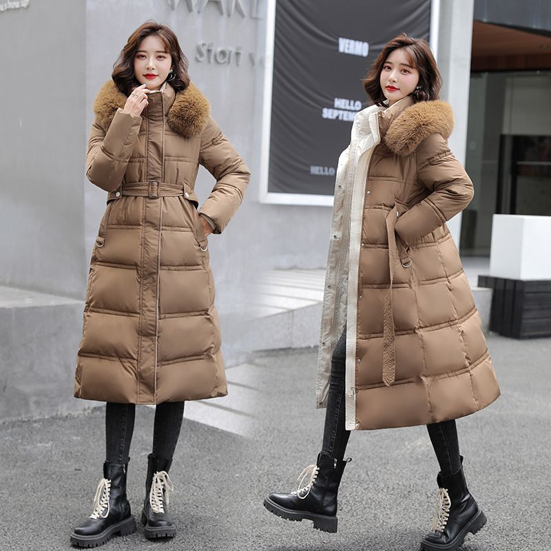 Women's Clothing Winter New Cotton Jacket Large Fur Collar Medium Length Slim Belt Slim Temperament Down Cotton Jacket Women's Jacket_autovado.com