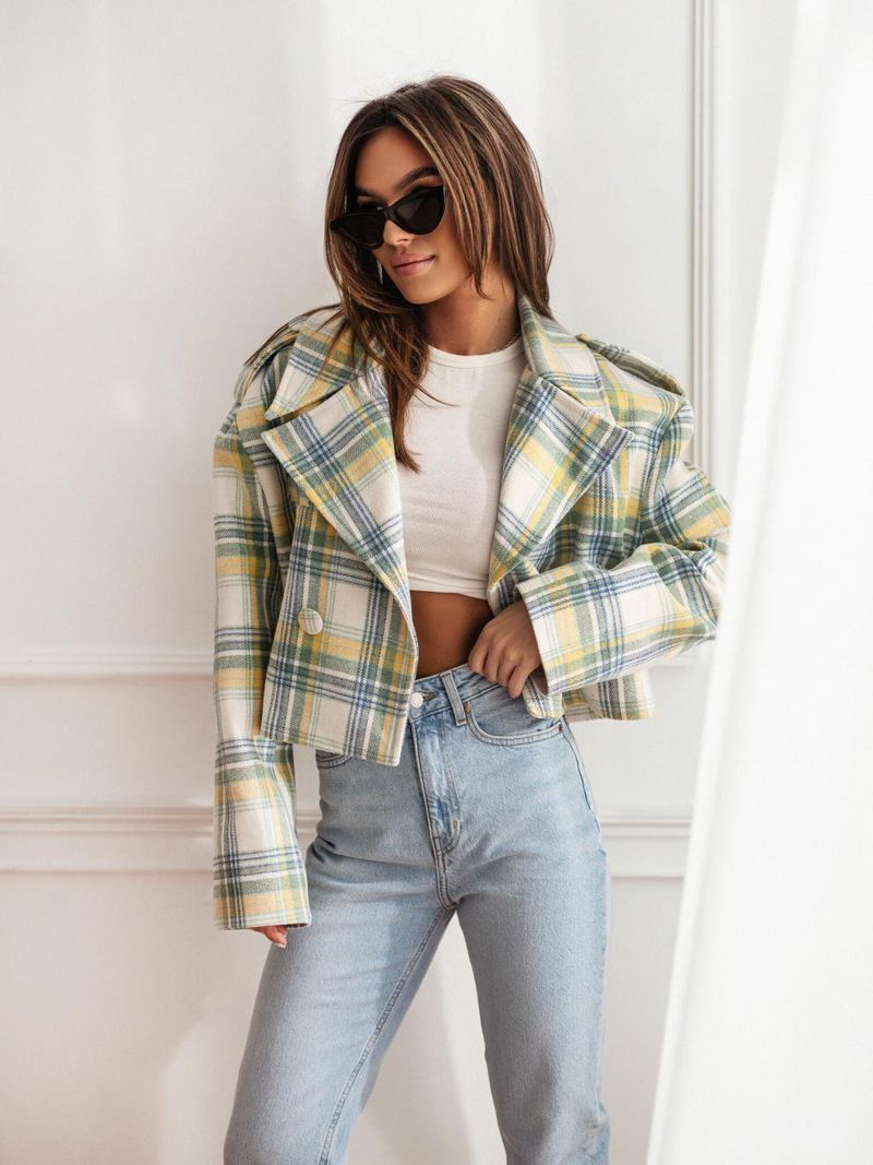 Women's Clothing New 2024 Fashion Suit Collar Plaid Printed Wool Coat_autovado.com