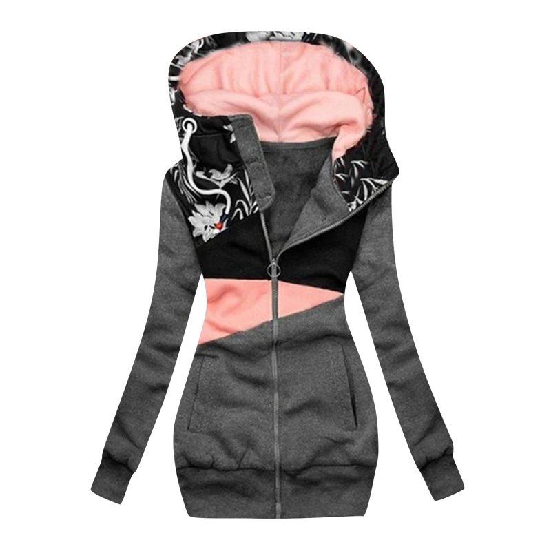 Women's Clothing women's sweatshirt zipper color matching print hooded long sleeved jacket_autovado.com