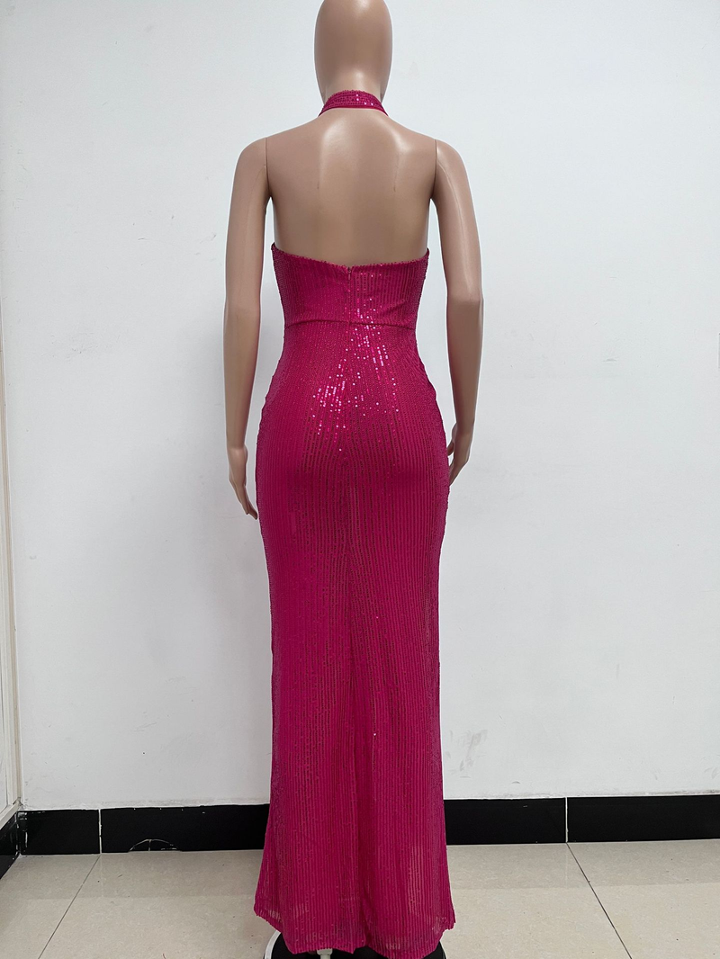 Women's slit sleeveless hot girl dress female halter neck backless sequin dress skirt_autovado.com