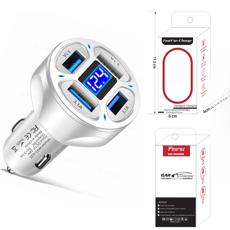 3.1A In Digital Display 4-Port Vehicle Charger With Voltage, One Pull Four Multi Port Car Charging_autovado.com