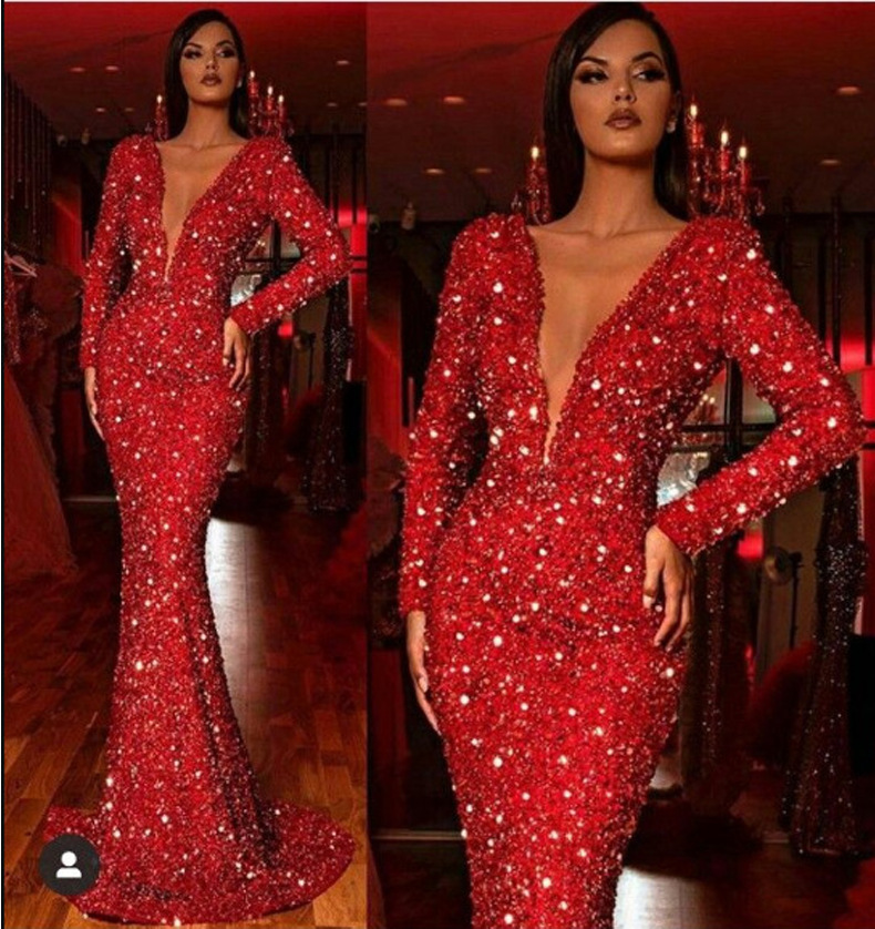 Women's Hip Dress Fishtail Edge Red Sequin Long Sleeve V-Neck Dress_autovado.com