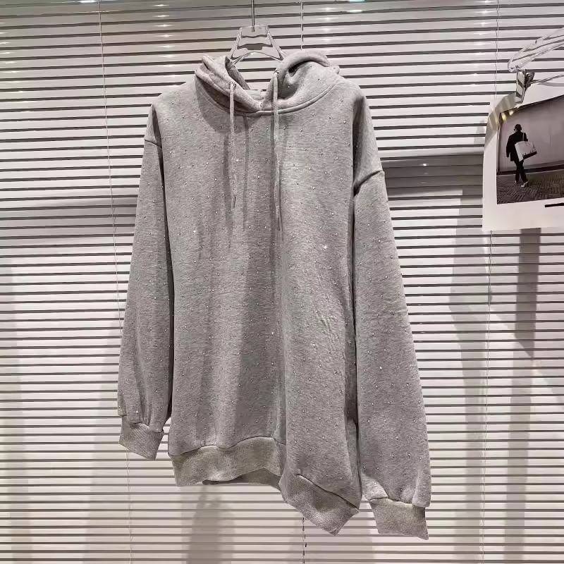 Women's clothing fat m spring and autumn starry rhinestone hot diamond shiny loose pullover hooded sweatshirt for women_autovado.com