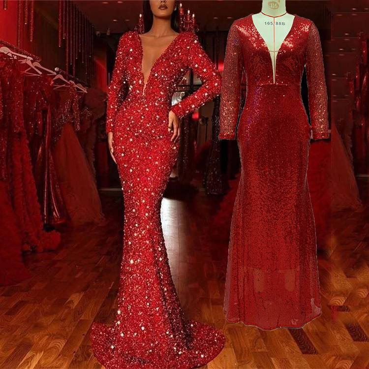 Women's Clothing Women's Dress Fishtail Edge Red Sparkling Long Sleeve V-neck Dress Long Skirt_autovado.com
