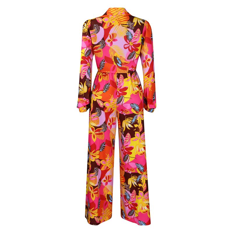 Women's Fashion Print Two-piece Suit Lapel Tie Shirt Wide Leg Pants Suit_autovado.com