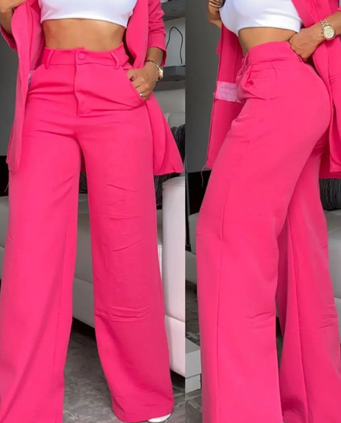 women's Clothing, Elegant And Solid Color Split Sleeve Lapel Suit With Pockets And Straight Pants Suit_autovado.com