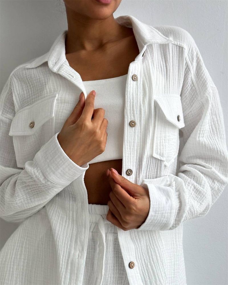 Women's Clothing new arrival lapel loose shirt high waist shorts two piece fashion casual suit_autovado.com