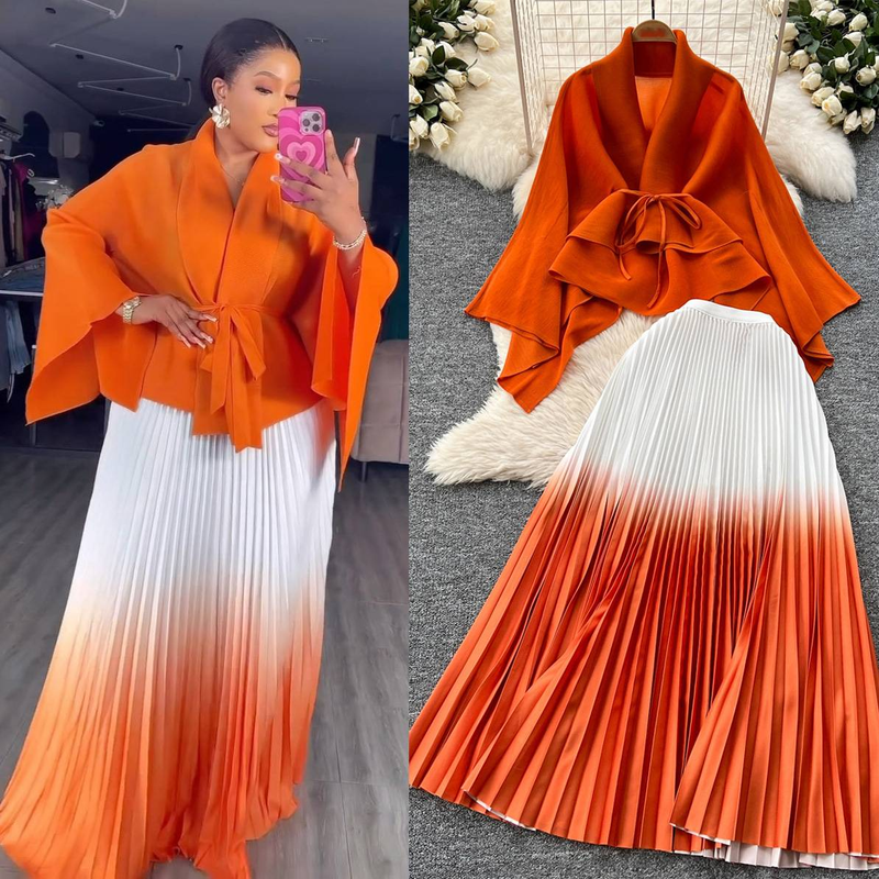 Ruffled Butterfly Sleeve Gradient Tie Cape Short Coat Top + Gradient Pleated Skirt Two-piece Suit_autovado.com