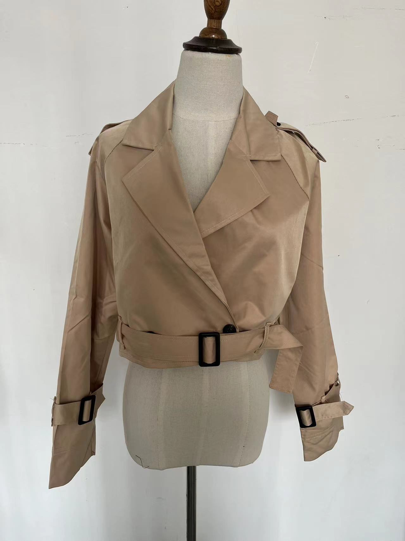 New women's European and American style belted long sleeved short casual windbreaker jacket_autovado.com