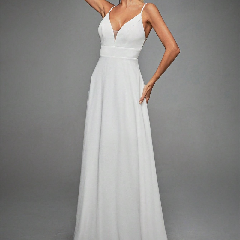 V-neck strappy lace backless evening gown prom dress party dress bridesmaid dress_autovado.com