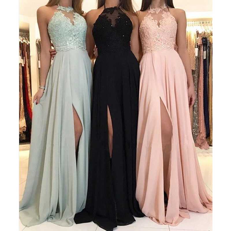 2020 new autumn style hot style halter neck lace chiffon dress prom evening dress slit long skirt_autovado.com