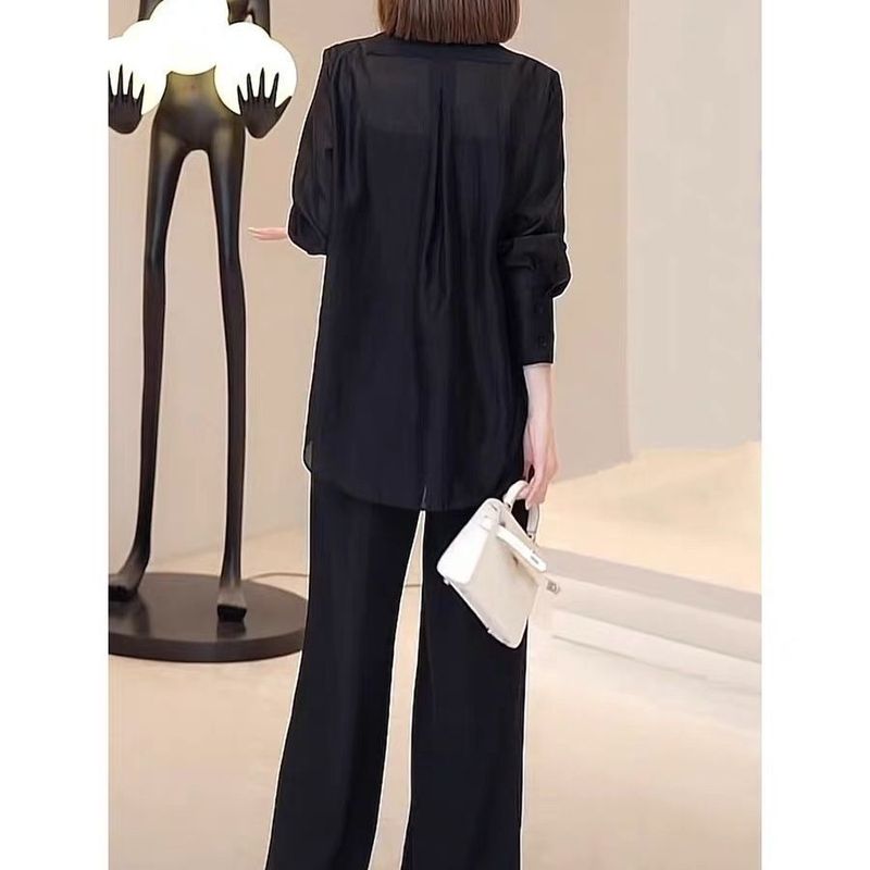 Women's Clothing High grade sun proof suit in summer chiffon splicing two piece jacket, high waist wide leg trousers, two piece suit_autovado.com