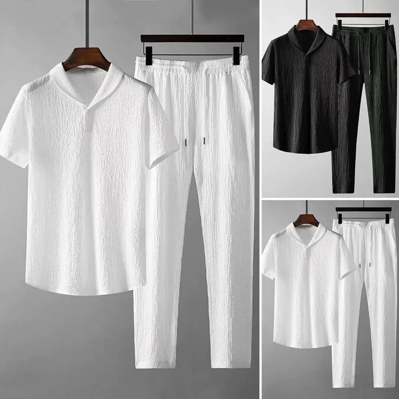 2Pcs/Set Summer Outfits Men's Sets Pure Color Short Sleeve Shirts Pants Two Piece Set Men Tracksuits спортивный костюм_autovado.com