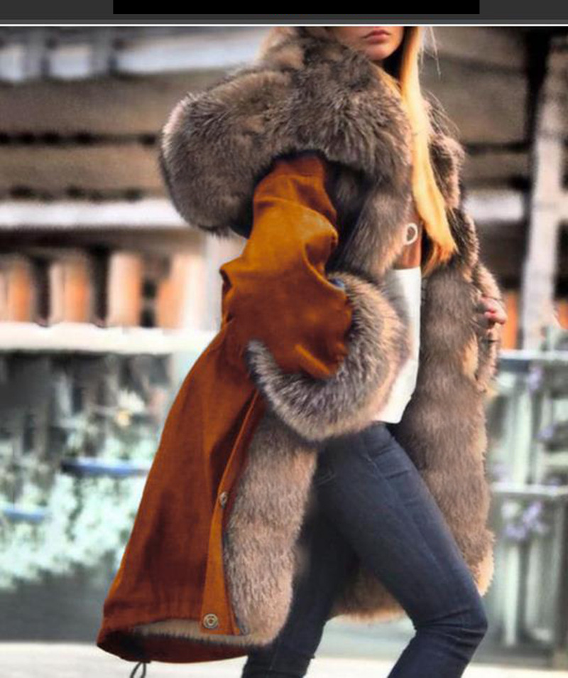 Women's imitation crystal fox fur big collar long fur collar hooded coat_autovado.com