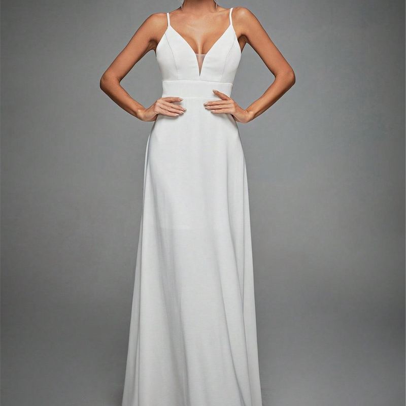 V-neck strappy lace backless evening gown prom dress party dress bridesmaid dress_autovado.com