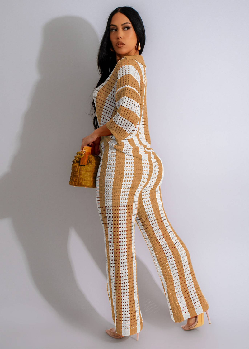 Women's Clothing sexy ladies V-neck hollow striped lapel knitted wide pants suit_autovado.com