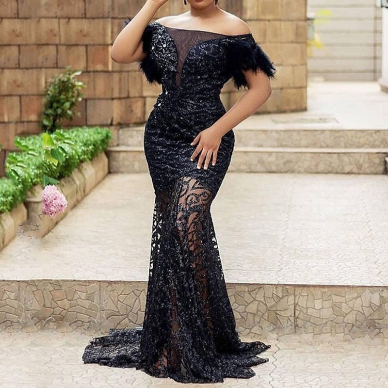 Women's Dress One Shoulder Sequin Slim Hip Mermaid Evening Dress_autovado.com