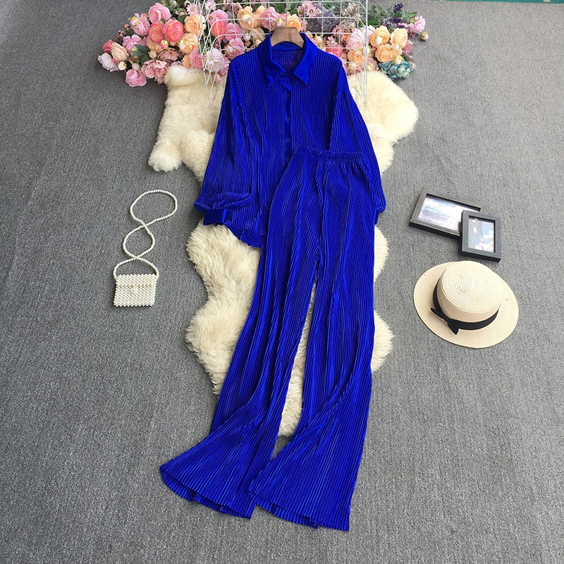 Women's Fashion Clean Color Shirt Two-piece Set Of High Waist Vertical Vertical Wide Leg Pants_autovado.com