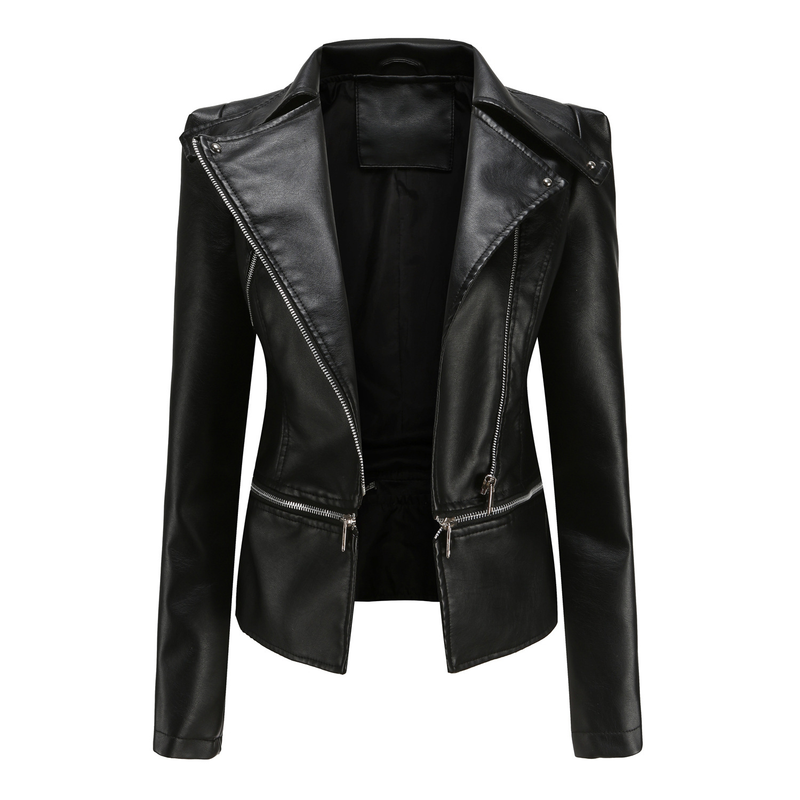 Women's leather jacket Long sleeve PU short jacket with hem removable jacket biker jacket_autovado.com