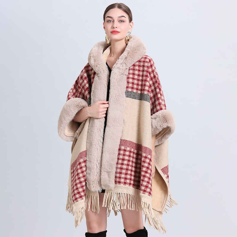 loose plaid plus velvet thick fur collar knitted shawl cape women's woolen shawl coat_autovado.com