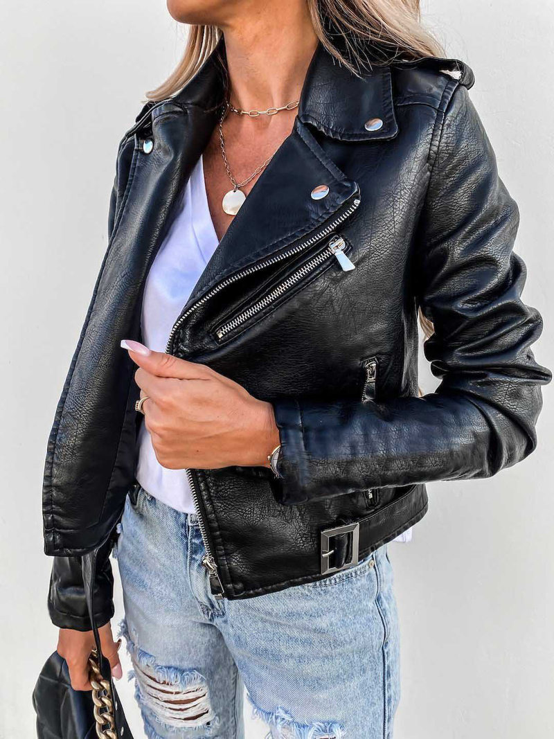 Women's jacket top PU leather jacket motorcycle short zipper_autovado.com